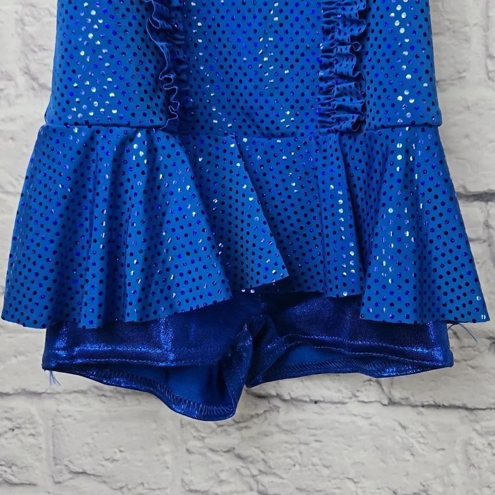 Girls Blue Sequin Ruffle Biketard Sleeveless Leotard Dance Costume Small Feather